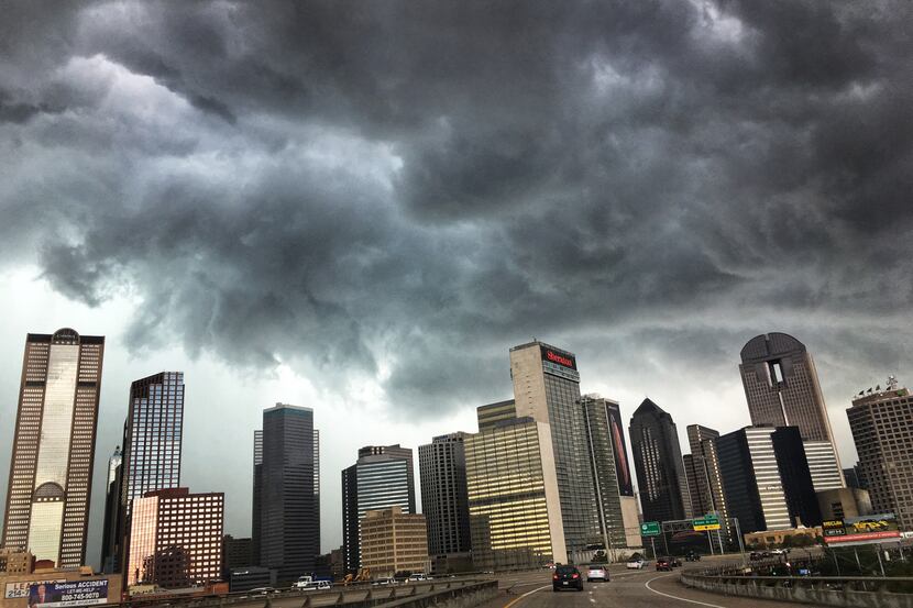 A 2018 file photo of an ominous-looking sky above downtown Dallas.