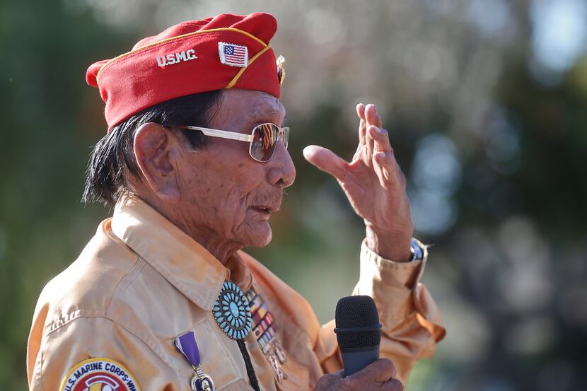 Former United States Marine and Navajo Code Talker Sam Holiday talks at ceremony honoring...