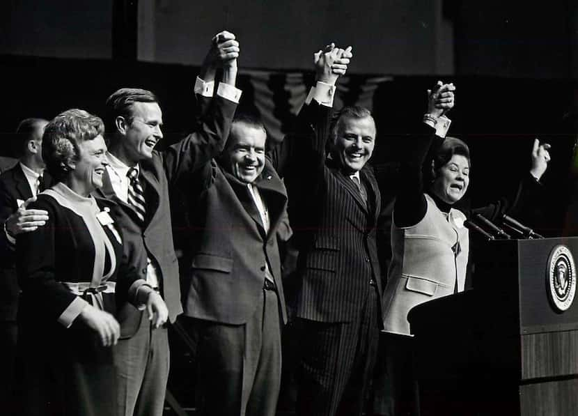 1970: President Richard M. Nixon speaks at a rally at Dallas Market Hall supporting George...