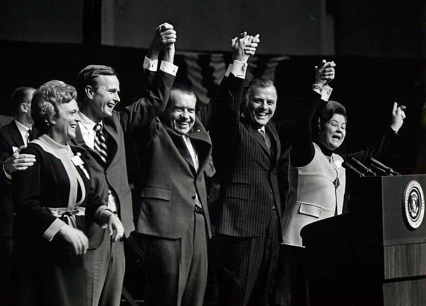 1970: President Richard M. Nixon speaks at a rally at Dallas Market Hall supporting George...