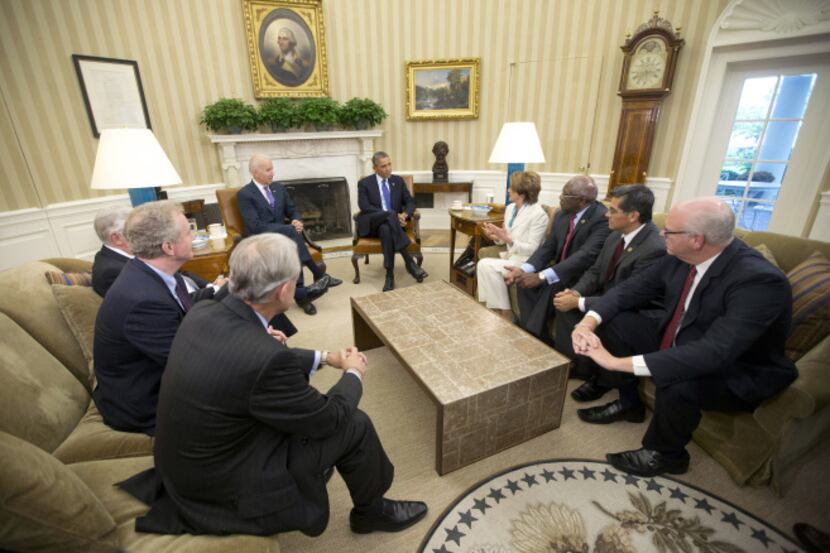 President Barack Obama, meeting with Democratic congressional leaders in the White House...