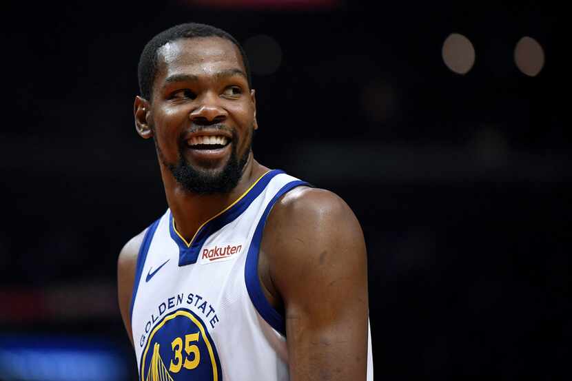 LOS ANGELES, CALIFORNIA - APRIL 26:  Kevin Durant #35 of the Golden State Warriors smiles at...