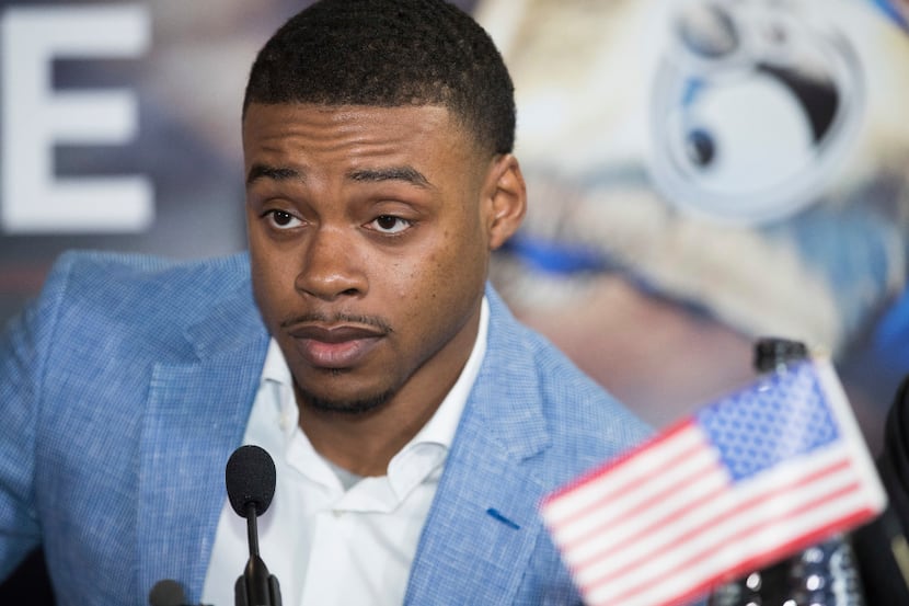 SHEFFIELD, ENGLAND - MARCH 22: Errol Spence speaks during his press confrence with Kell...