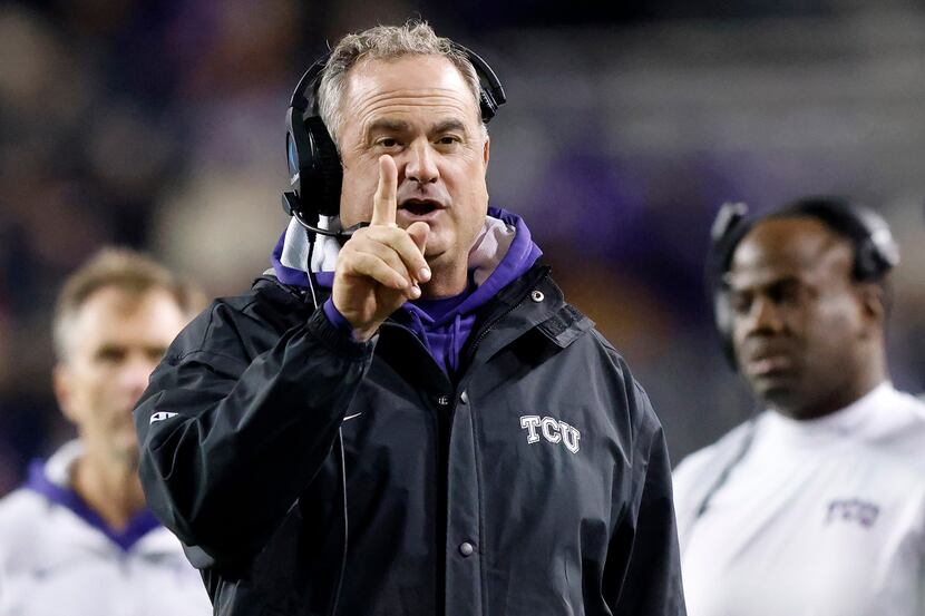 TCU Horned Frogs head coach Sonny Dykes signals to an official along the sideline during the...