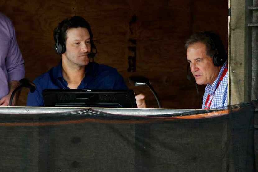 Former Dallas Cowboys player Tony Romo in the booth with Jim Nantz during the second half of...