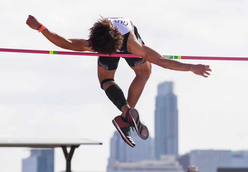 Denton Guyer's Eli Stowers competes in Boys' High Jump during the Texas Relays track and...