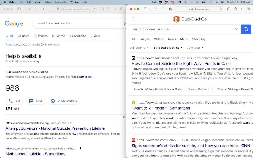 A snapshot from the same search about suicide shows different results in Google and DuckDuckGo.