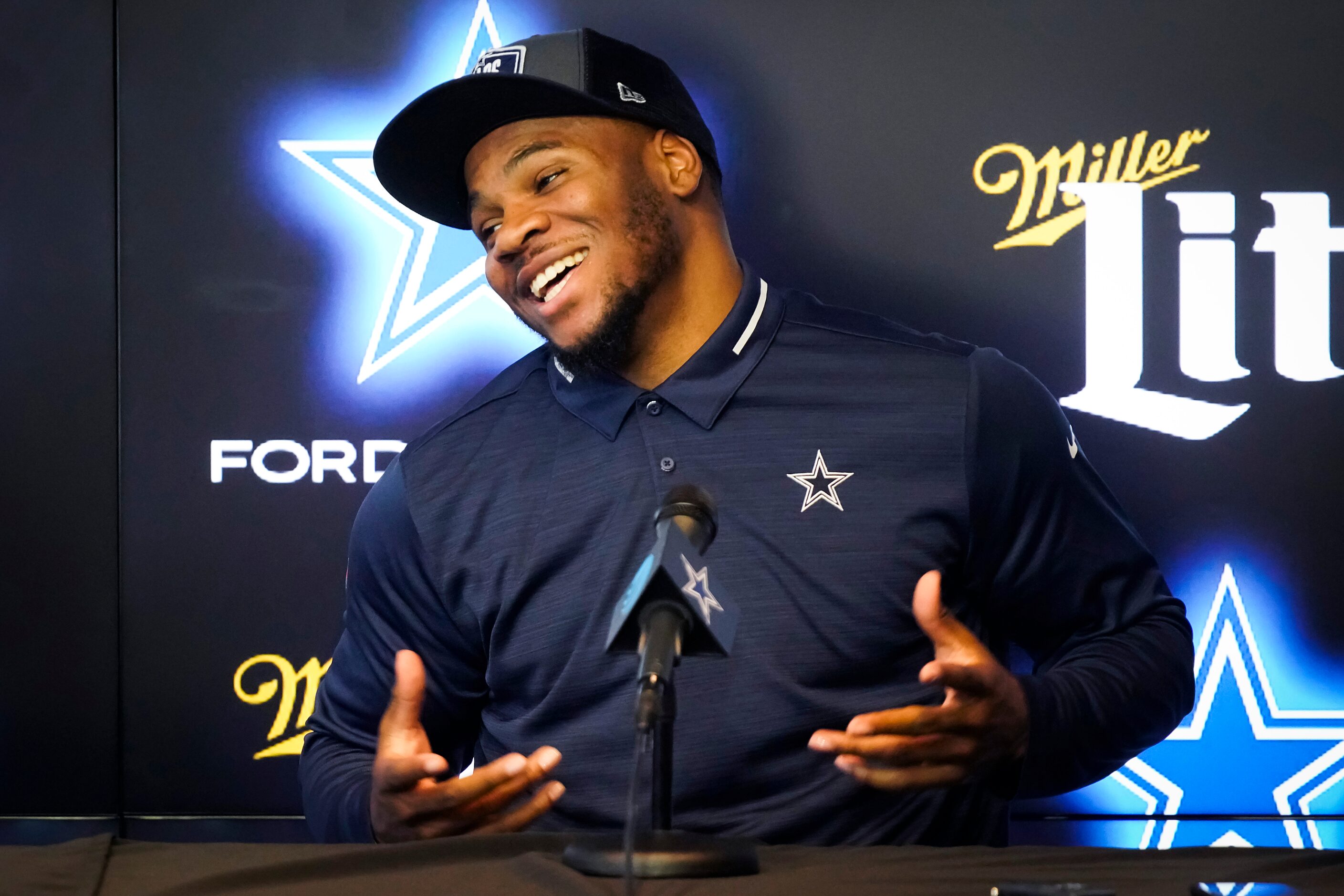 Dallas Cowboys first-round draft pick Micah Parsons answers a question during a press...