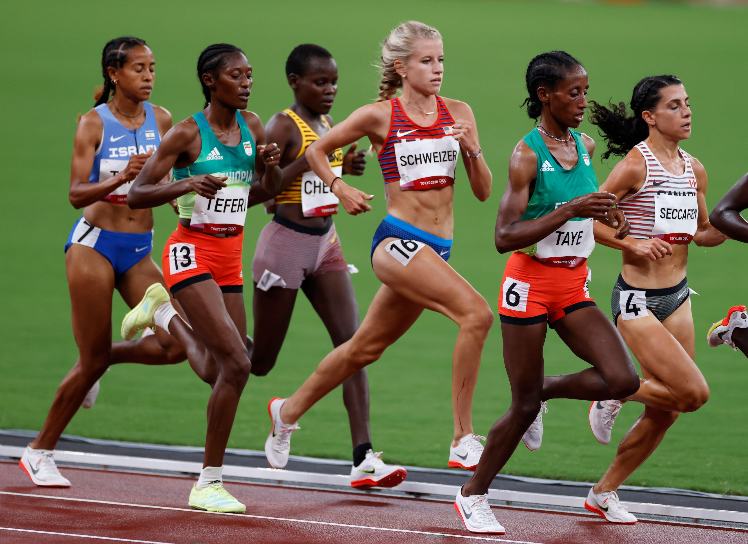 USA’s Karissa Schweizer runs in round 1 of the women’s 5000 meter run during the postponed...