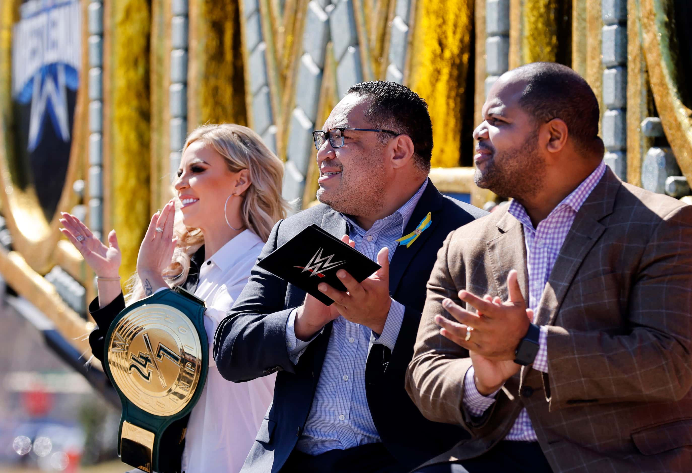 (from left) WWE 24/7 Champion Dana Brooke, Dallas City Councilman Omar Narvaez and Dallas...