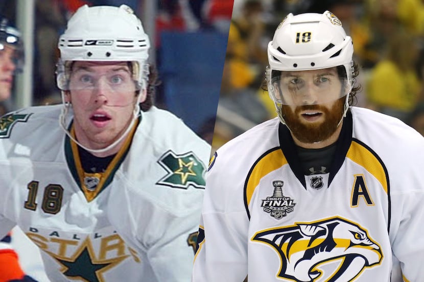 James Neal with the Dallas Stars in 2008 (left) and Nashville Predators (2017).