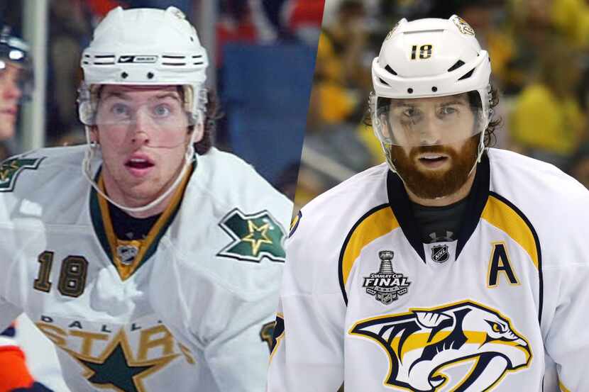 James Neal with the Dallas Stars in 2008 (left) and Nashville Predators (2017).