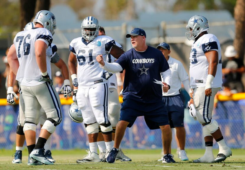 Dallas Cowboys offensive line coach Frank Pollack gives instruction to tackle Bryan Whitman...