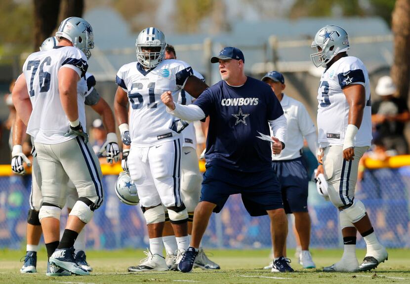 Dallas Cowboys offensive line coach Frank Pollack gives instruction to tackle Bryan Whitman...