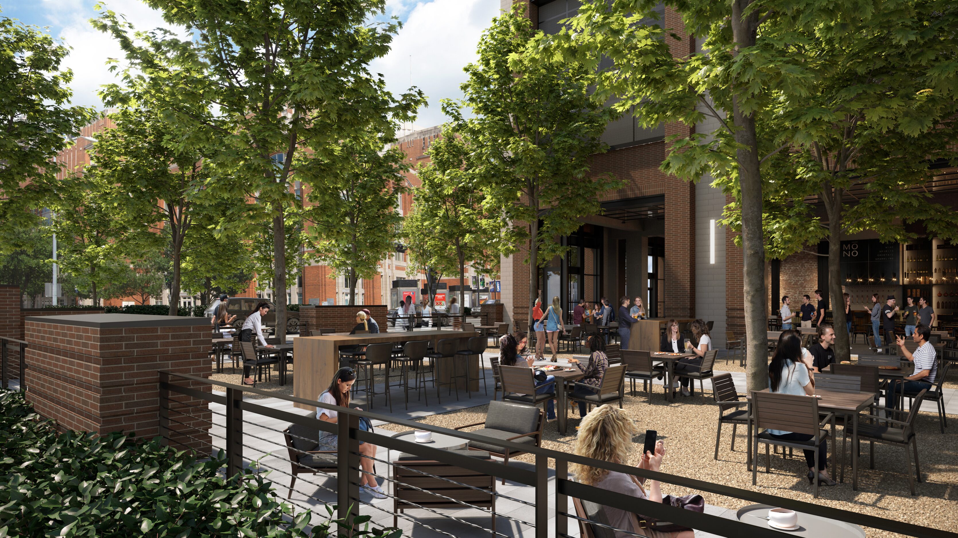 Victory Commons has outdoor spaces for workers overlooking the plaza.