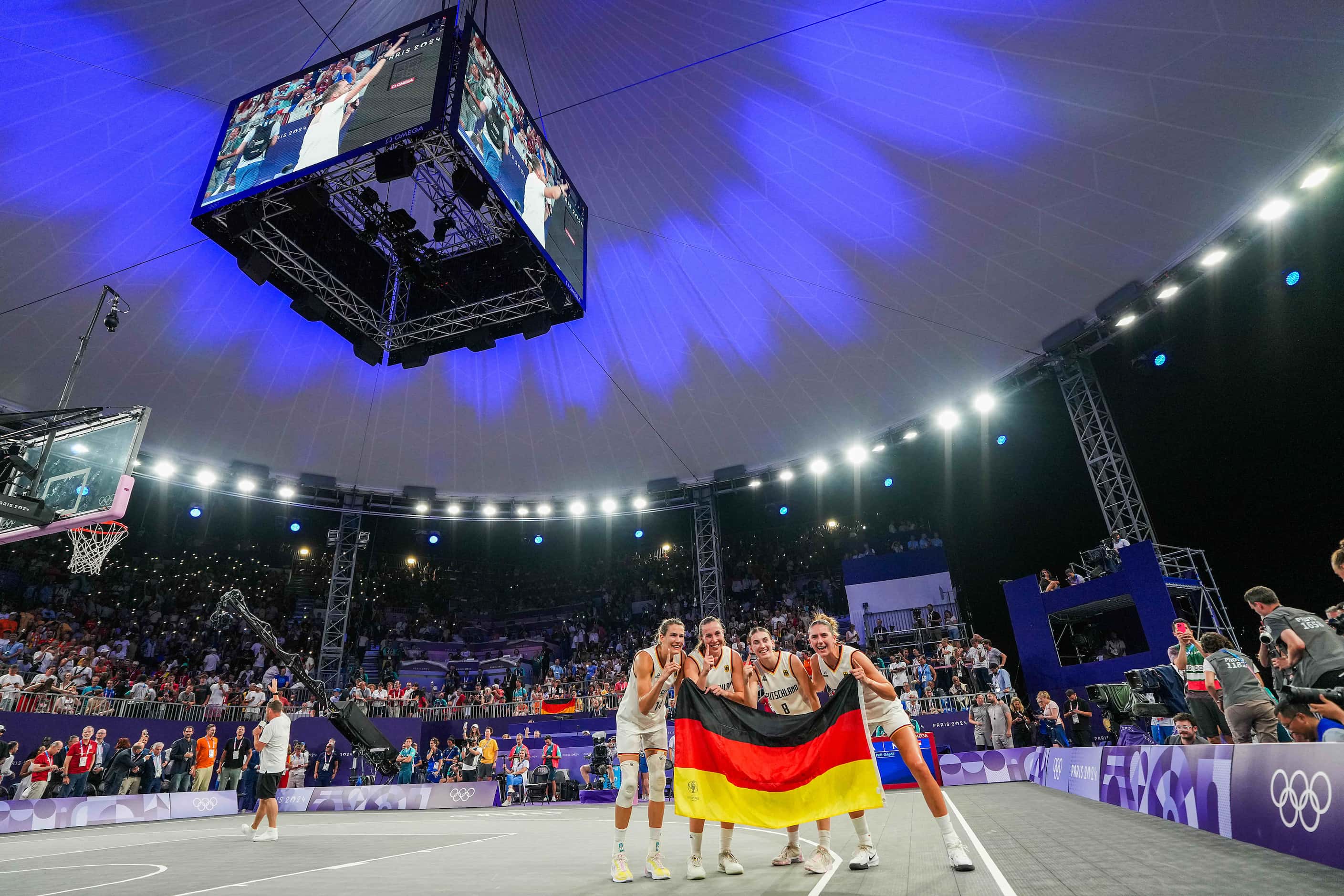 Germany celebrates a victory over Spain for the gold medals in women’s 3x3 basketball at the...