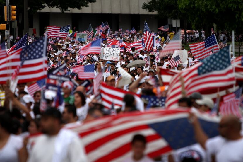 Protesters march during an Immigration Rally on May 1, 2010 in Downtown Dallas. (Benn...