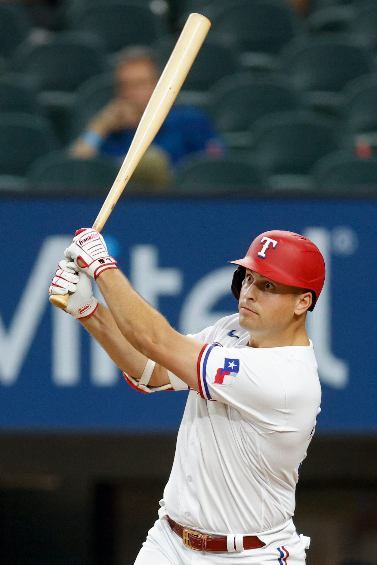 Texas Rangers first baseman Nathaniel Lowe (30) doubles to left field during the eighth...