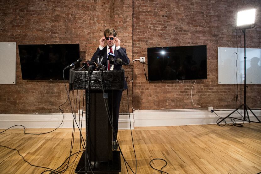 Milo Yiannopoulos announces his resignation from Brietbart News during a press conference,...
