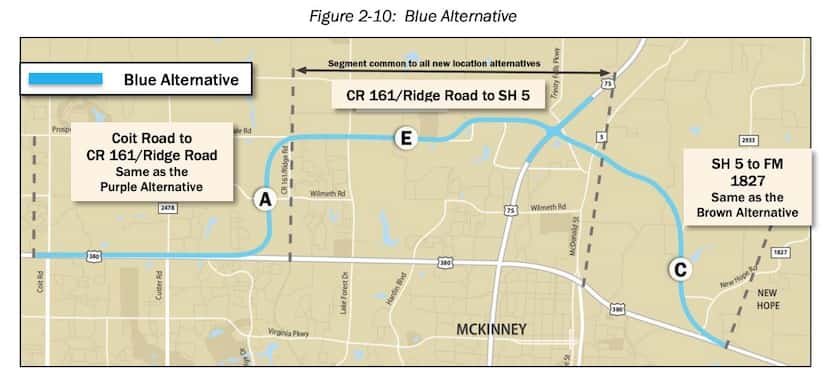 The Blue Alternative of the U.S. 380 bypass is made up of segments A, E and C.