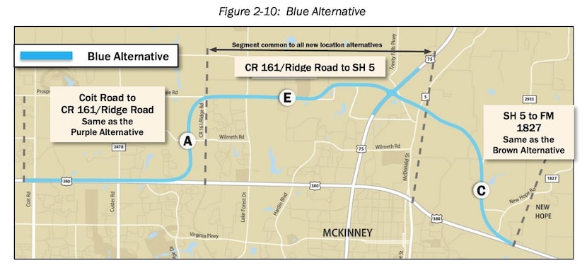 The Blue Alternative of the U.S. 380 bypass is made up of segments A, E and C.