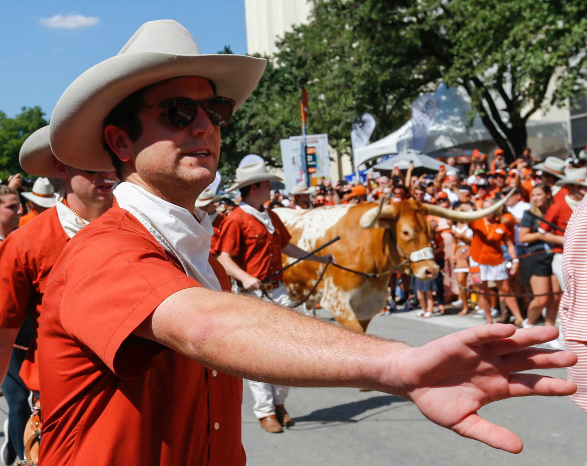 Bevo is guided in during the Bevo Parade prior to a college football game between the...