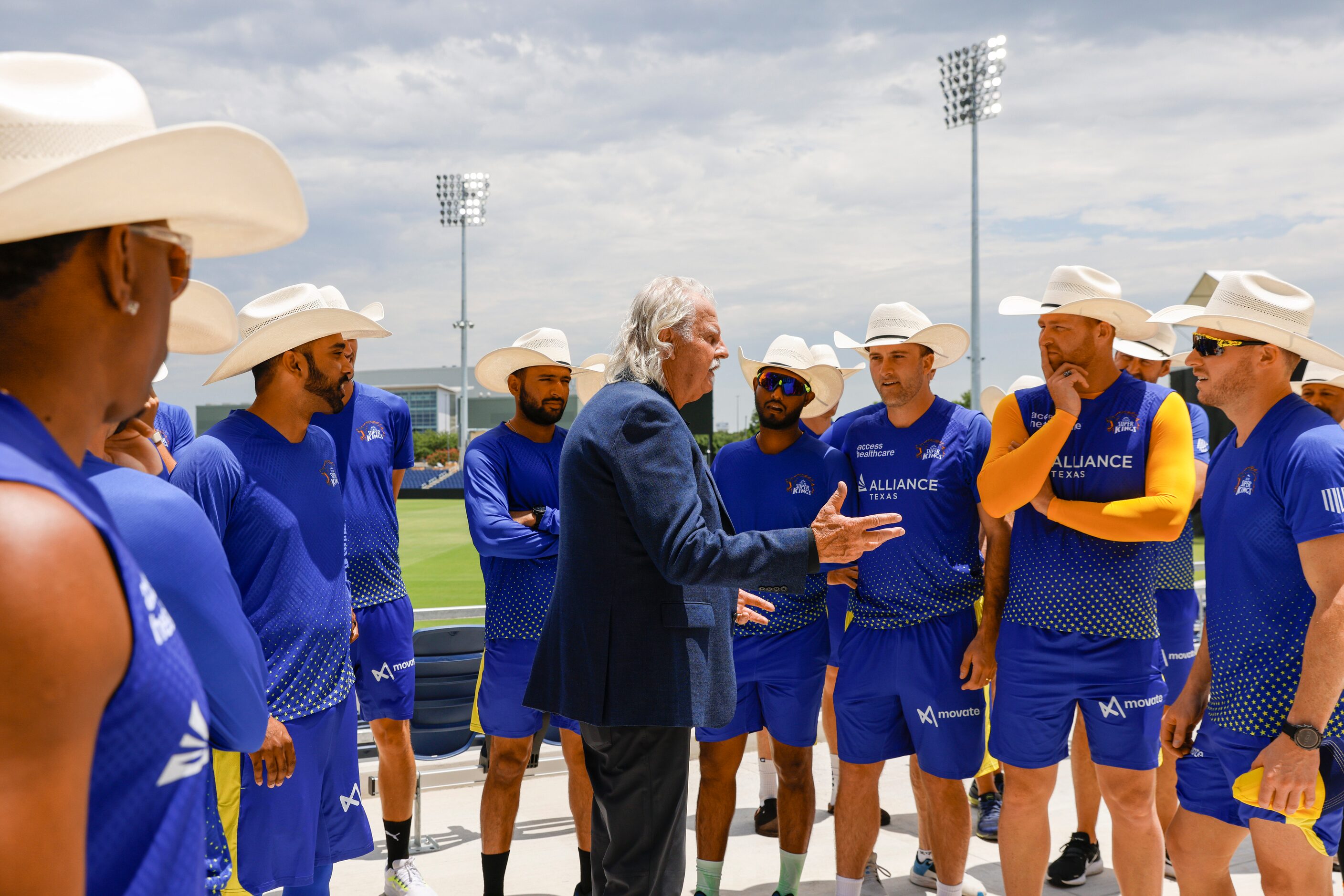 Mayor of Grand Prairie Ron Jensen (center) speaks towards Texas Super Kings players after...