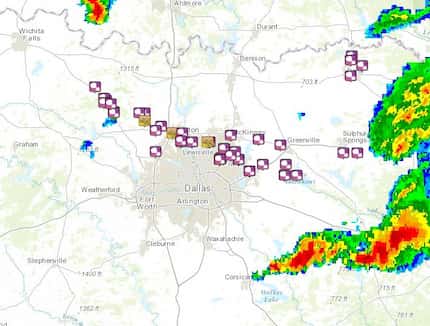  The purple logos are reports of hail across the northern portion of Dallas-Fort Worth....