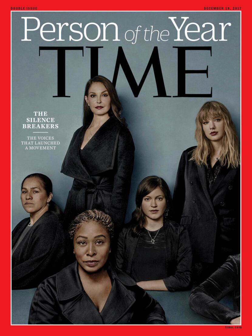 Time magazine's cover featuring "The Silence Breakers" includes a woman in the lower right...