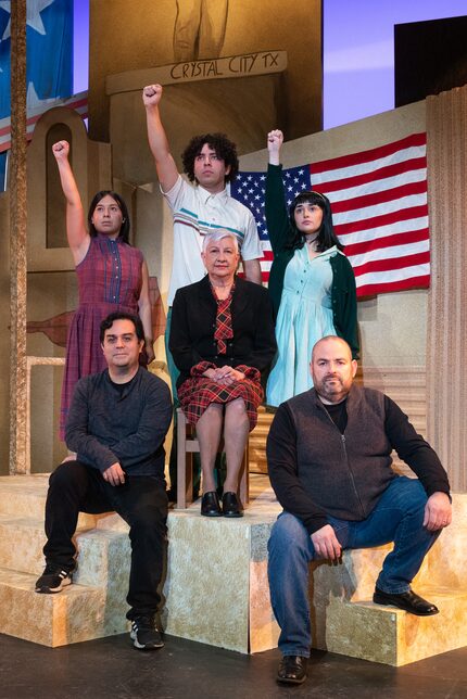 "Crystal City 1969" playwrights David Lozano and Raul Treviño, seated in front, with Crystal...