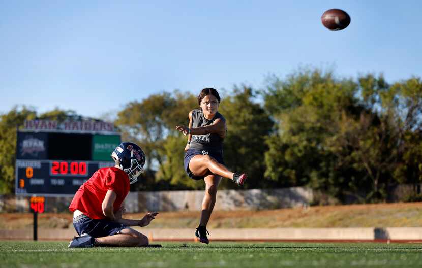 Denton Ryan backup kicker Ally Kolba practices her field goal attempts at practice in...