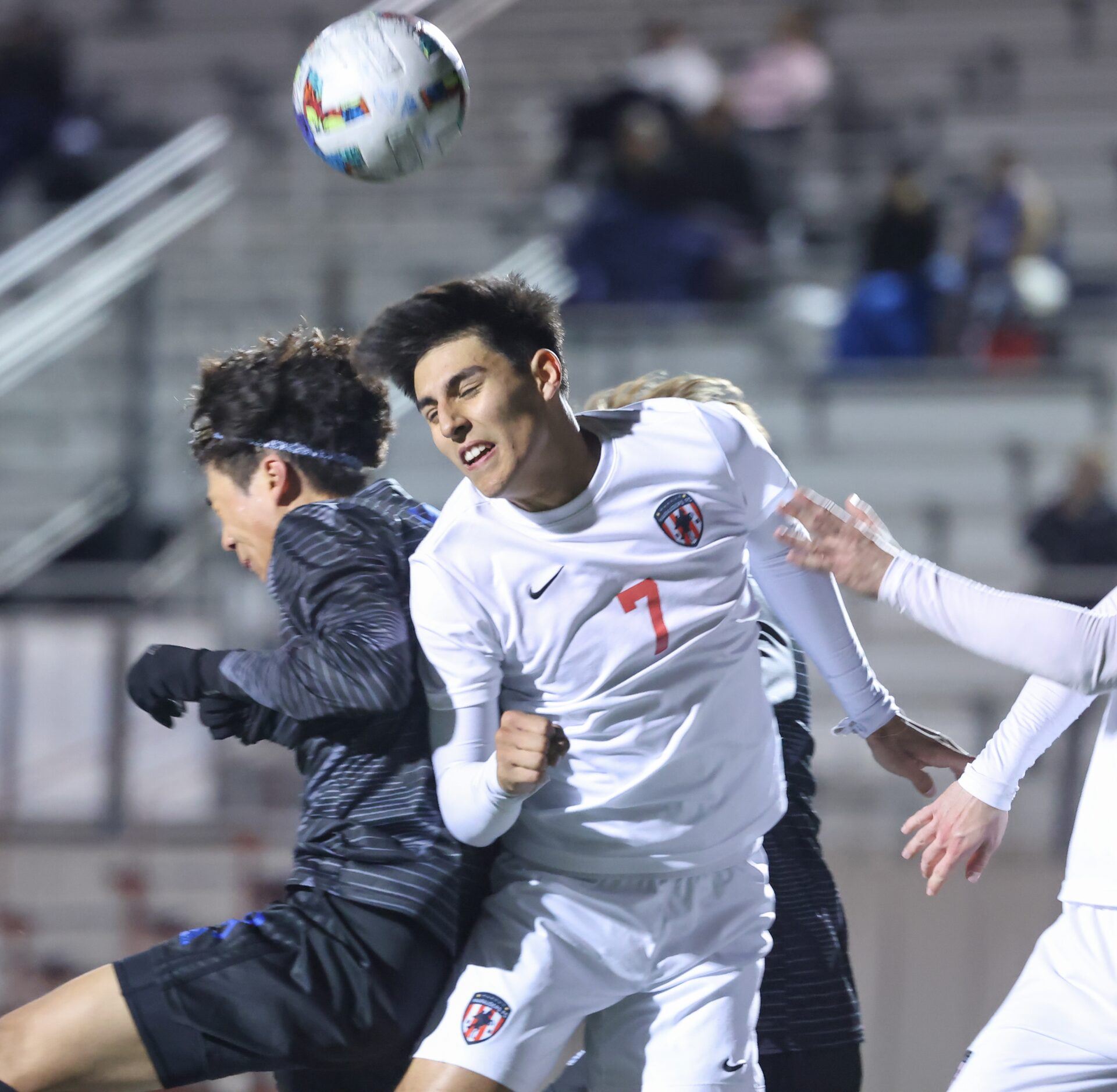 Hebron’s Jalen Zhou (14) and Flower Mound Marcus’ Sebastian Salazar (7) make contact as they...