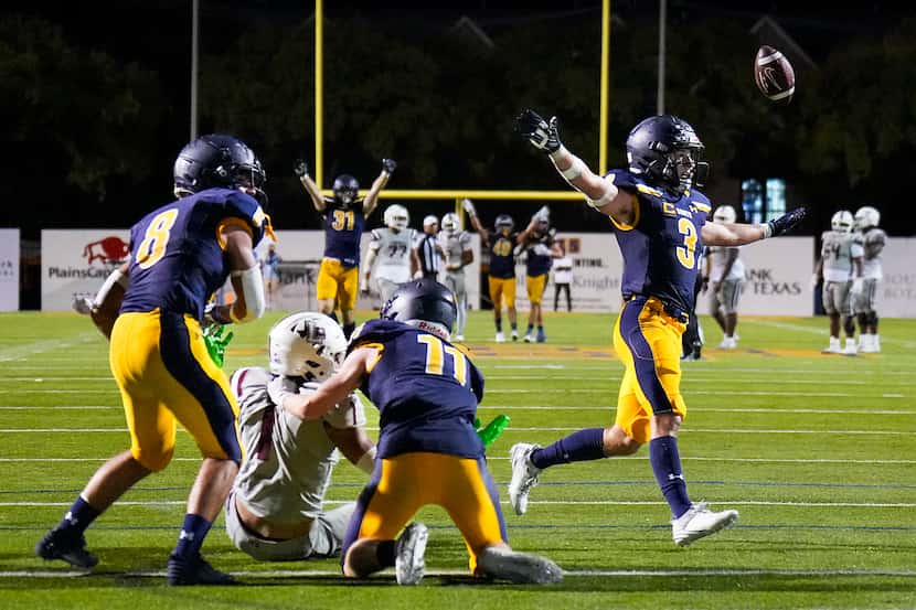 Highland Park’s Weston Giese (3), Andrew Wade (8) and Wesley Winfield (11) celebrate after...