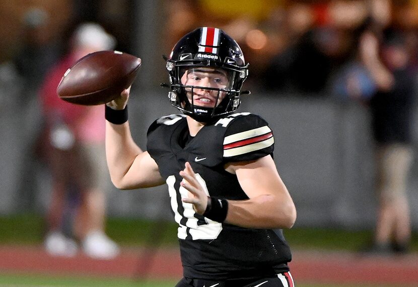 Lovejoy quarterback Alexander Franklin (10) looks to pass in the first half of a high school...