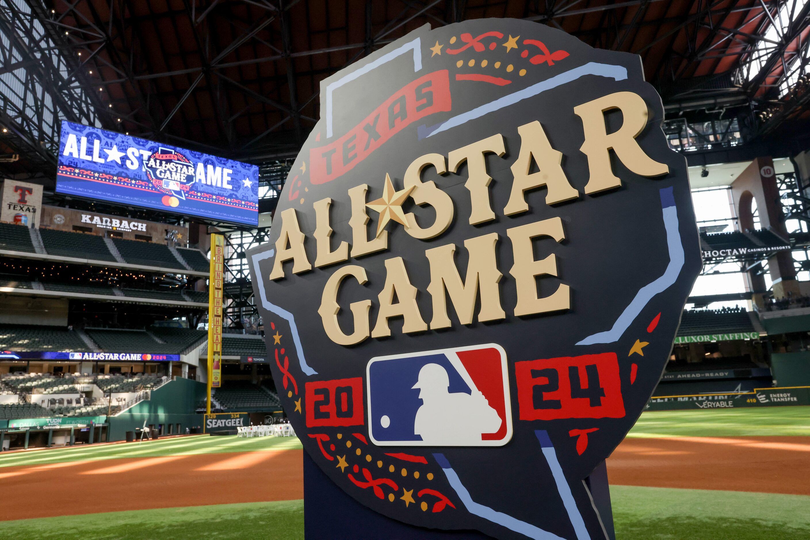 The official logo for the 2024 All-Star Game is presented at Globe Life Field in Arlington...