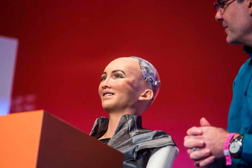Sophia the Robot of Hanson Robotics reacts during a discussion about Sophia's multiple...