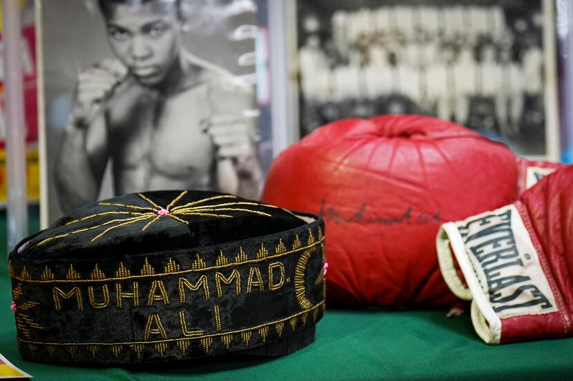 A embroidered prayer cap given to Ali before the “Thrilla in Manila” is displayed with other...