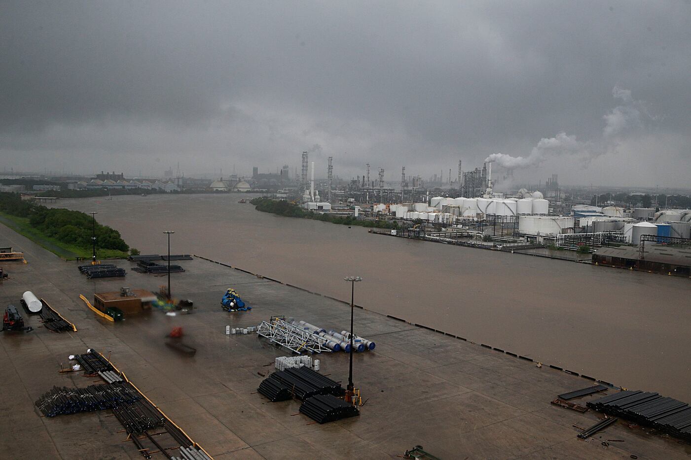 The refinery section of the Houston Ship Channel is seen as flood water rise on August 27,...