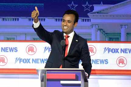 Businessman Vivek Ramaswamy at the Republican presidential debate  on Aug. 23, 2023, in...
