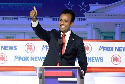 Businessman Vivek Ramaswamy at the Republican presidential debate  on Aug. 23, 2023, in...