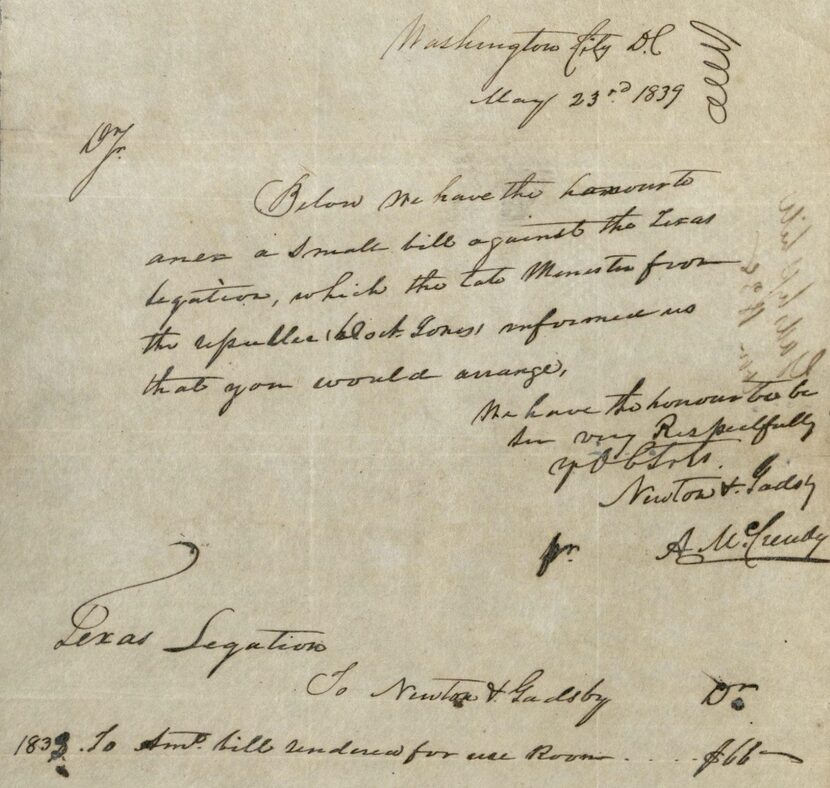 A $66 bill to the Texas Legation for Anson Jones' use of a room at Gadsby's Hotel in...