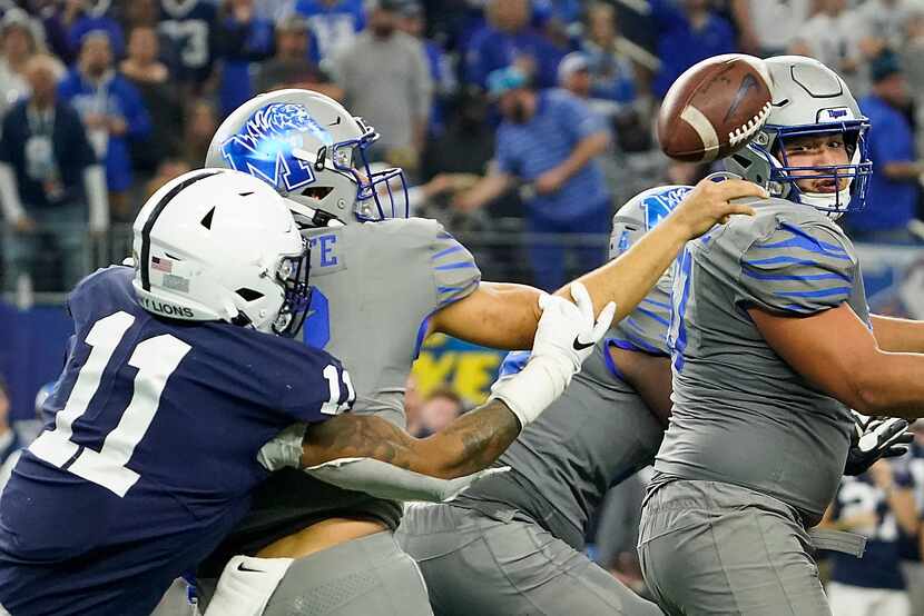 Penn State linebacker Micah Parsons (11) hits the arm of Memphis quarterback Brady White (3)...