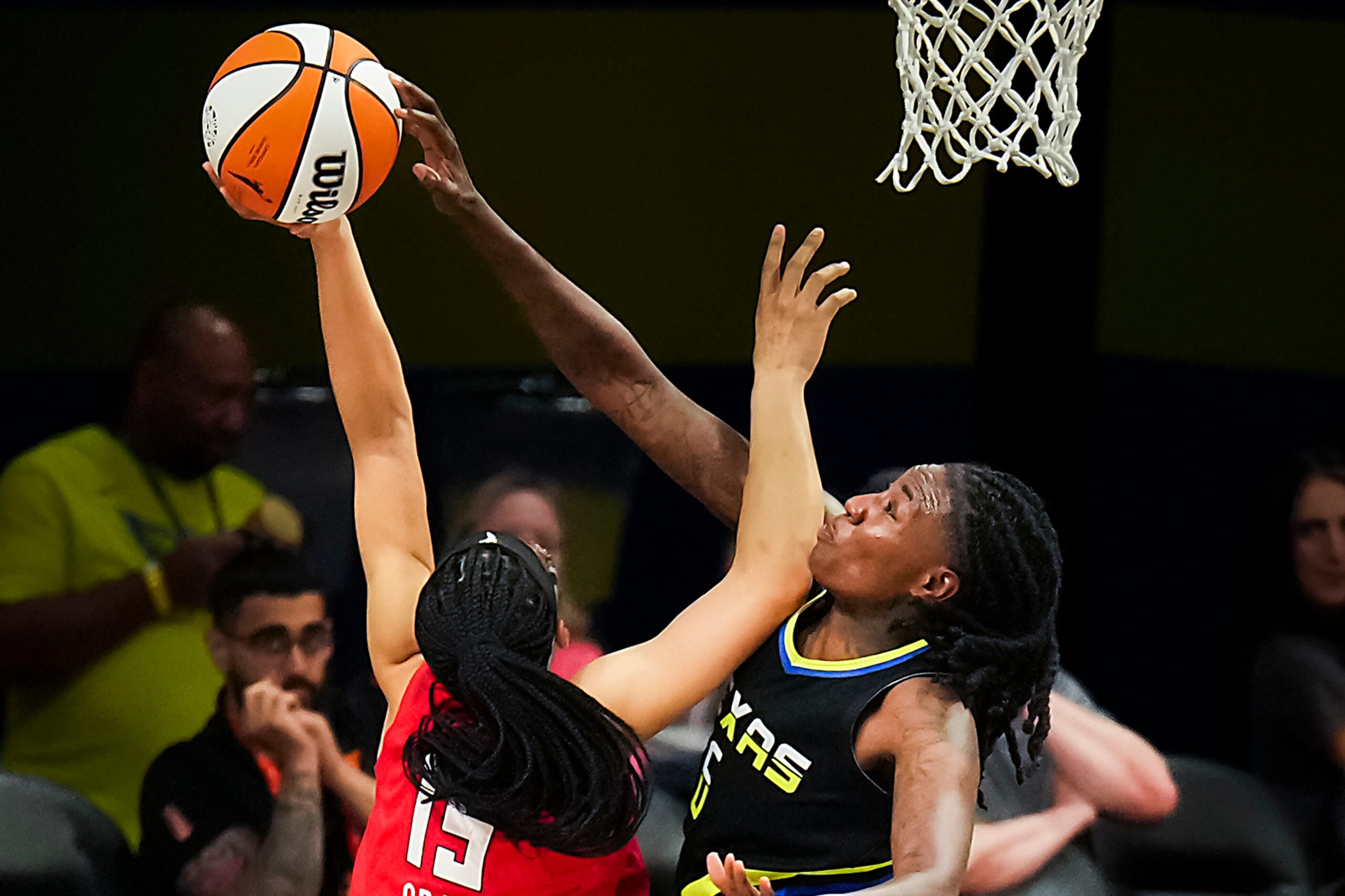 Dallas Wings forward Natasha Howard (6) blocks a shot by Atlanta Dream guard Allisha Gray...