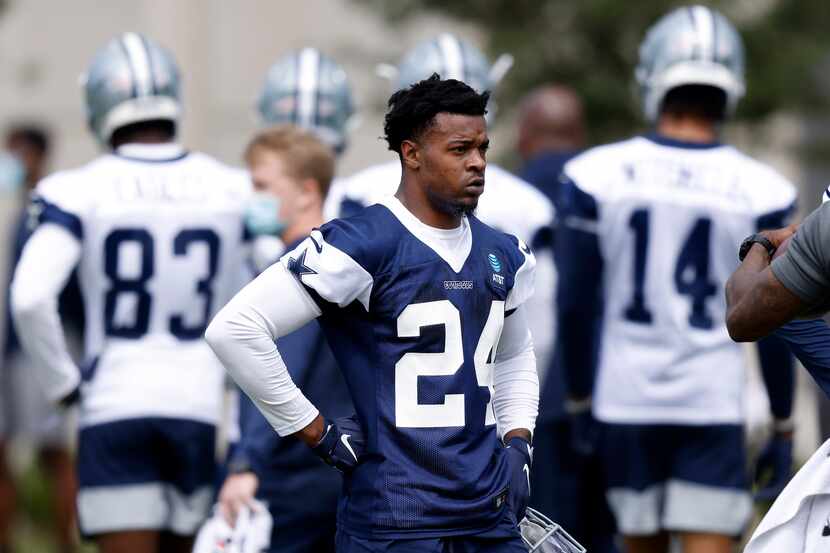 Dallas Cowboys rookie corner back Kelvin Joseph (24) takes a breather during rookie minicamp...