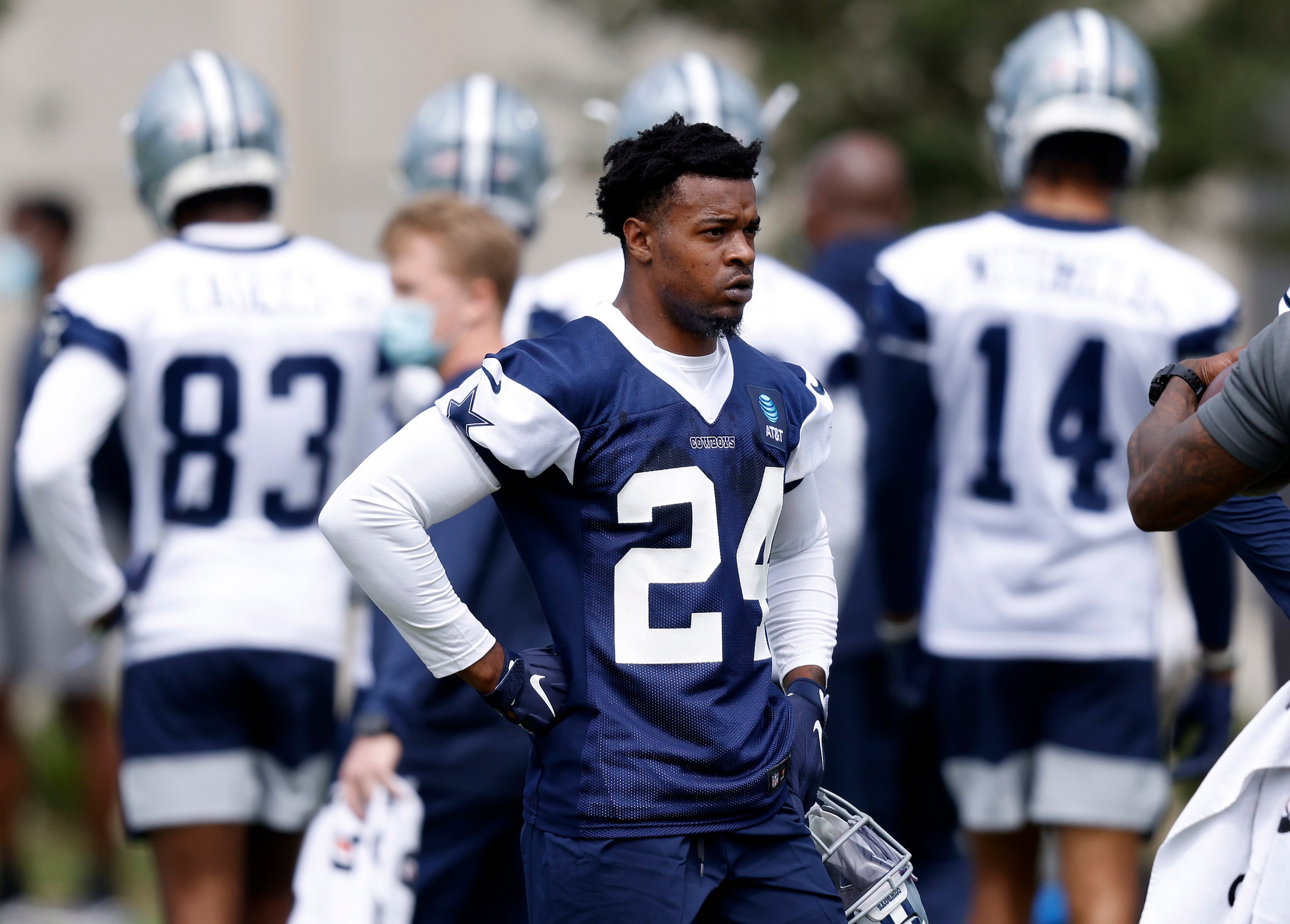 Dallas Cowboys rookie corner back Kelvin Joseph (24) takes a breather during rookie minicamp...