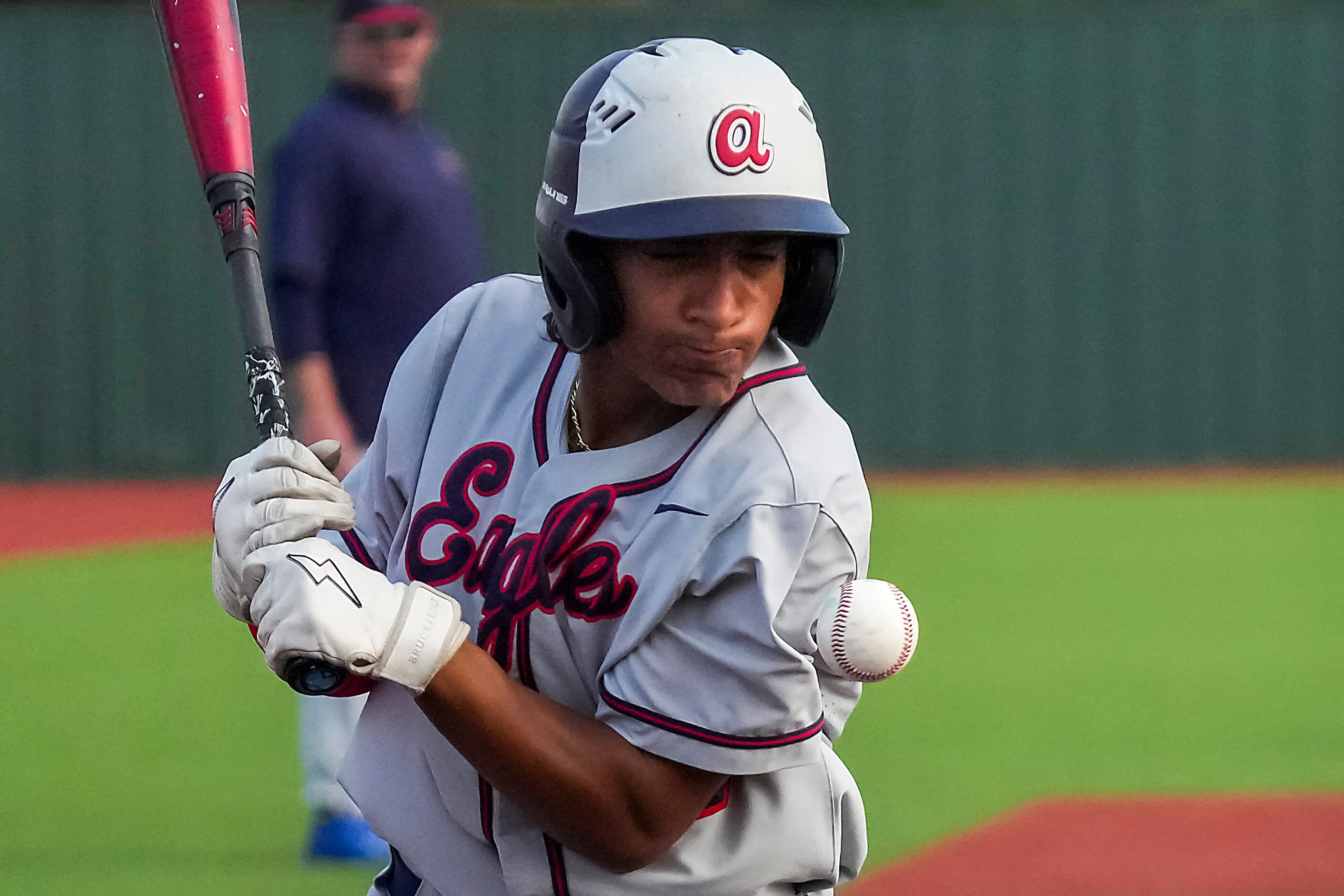 Allen outfielder Nick Vickery is hit by a pitch during the first inning against Arlington in...