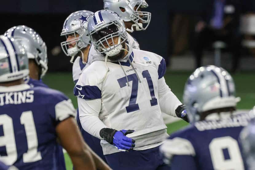 Cowboys' offensive lineman La'el Collins #71 during practice at the Ford Center in Frisco on...