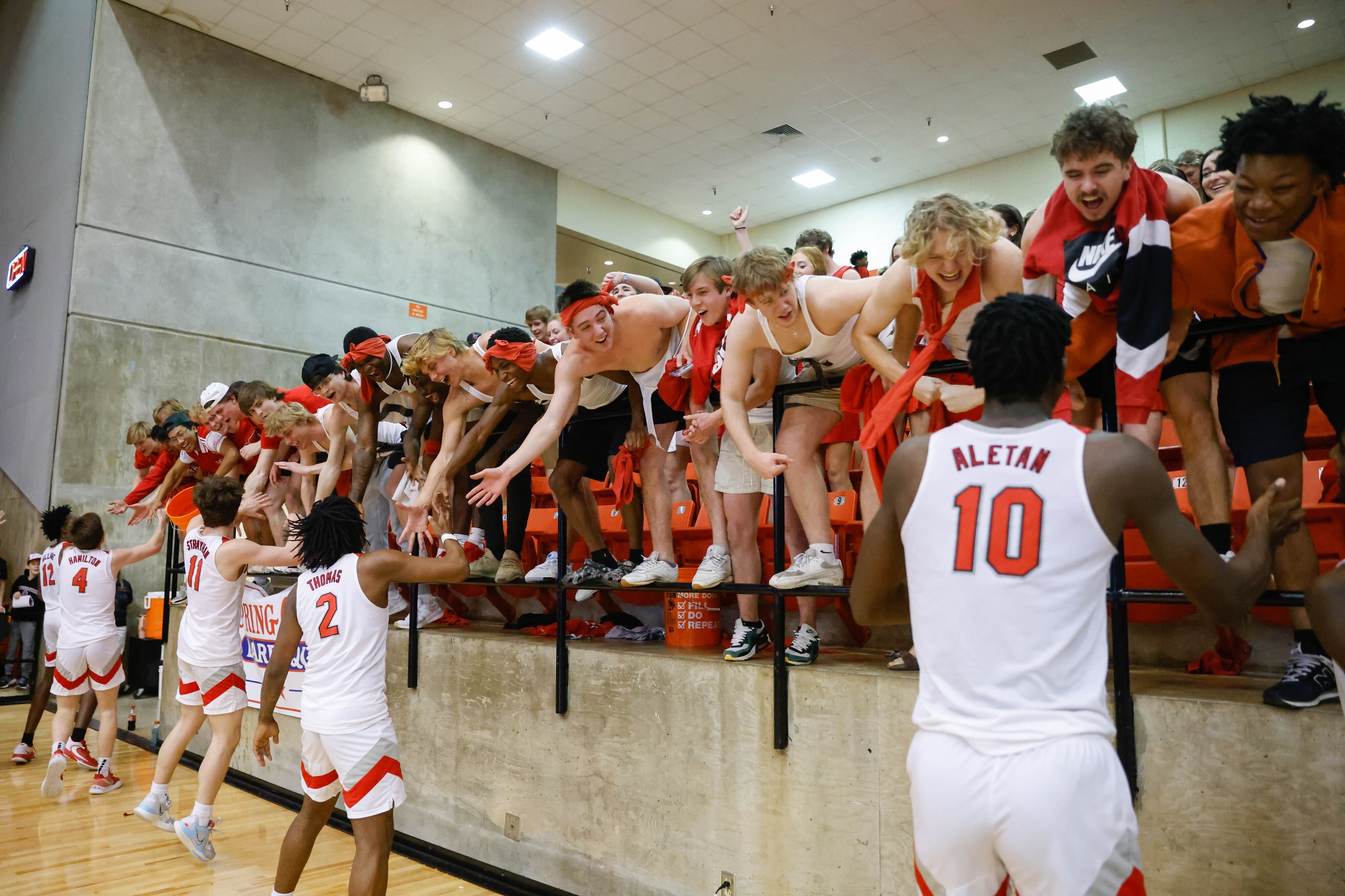 Lake Highlands High School celebrates a win over Byron Nelson High School for the Class 6A...