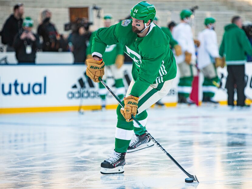 Dallas Stars left wing Jamie Benn (14) shoots the puck during a practice leading up to the...