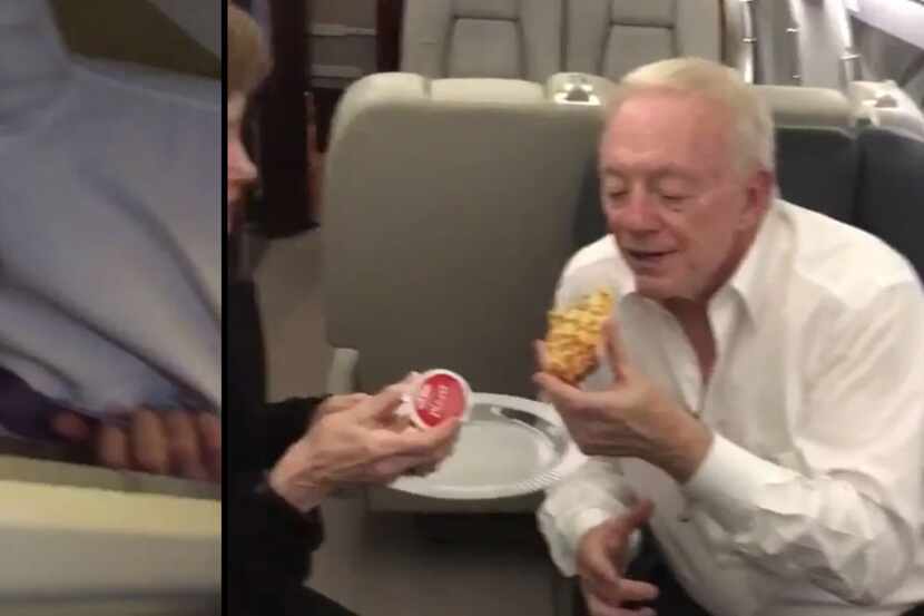 Left: Cole Beasley in the overhead bin. Right: Jerry Jones with product placement.